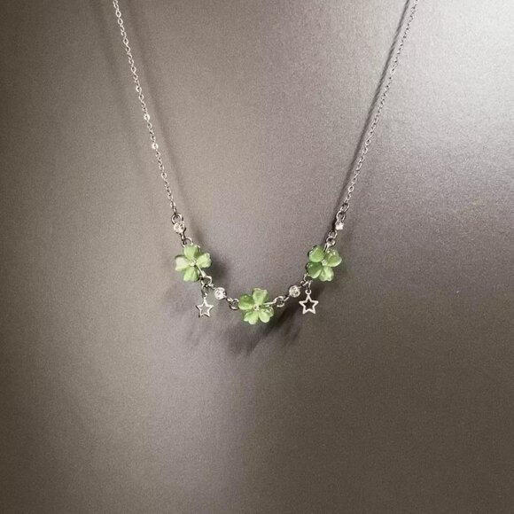 Silver Necklace with Green Floral Charms - Picture 1 of 1